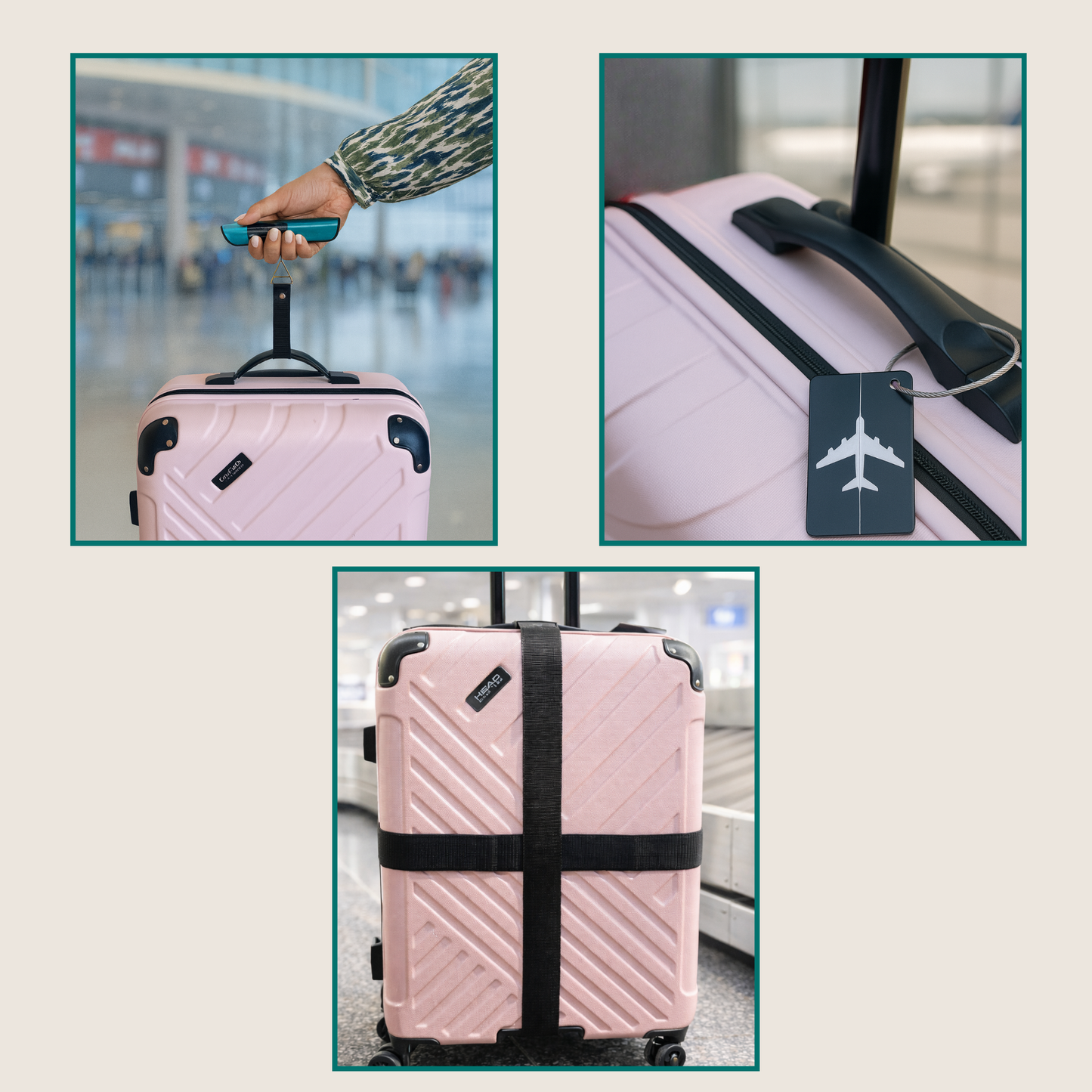 Accesorios de viaje KAIA Travel usando bascula digital para maletas, etiqueta de equipaje y correa de seguridad en equipaje.