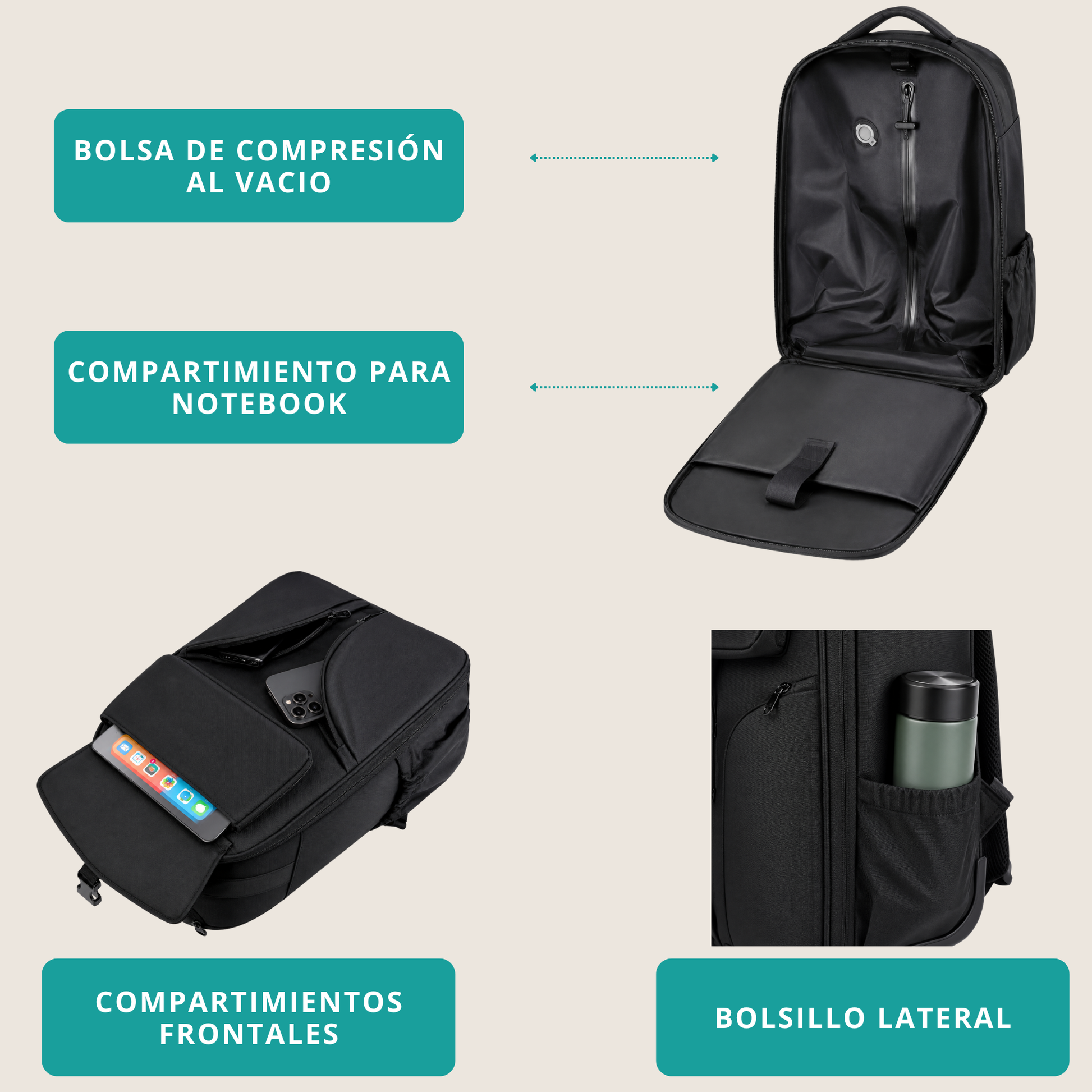 Características principales de la mochila AirLock Roll™, diseño 2 en 1 con ruedas y mochila.