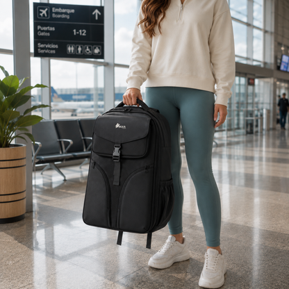 AirLock Roll™ utilizada como equipaje de mano durante un viaje, cómoda y fácil de transportar.