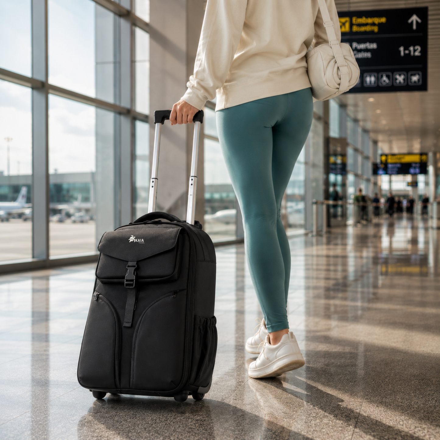 AirLock Roll™ desplazándose cómodamente en un aeropuerto gracias a sus ruedas silenciosas.