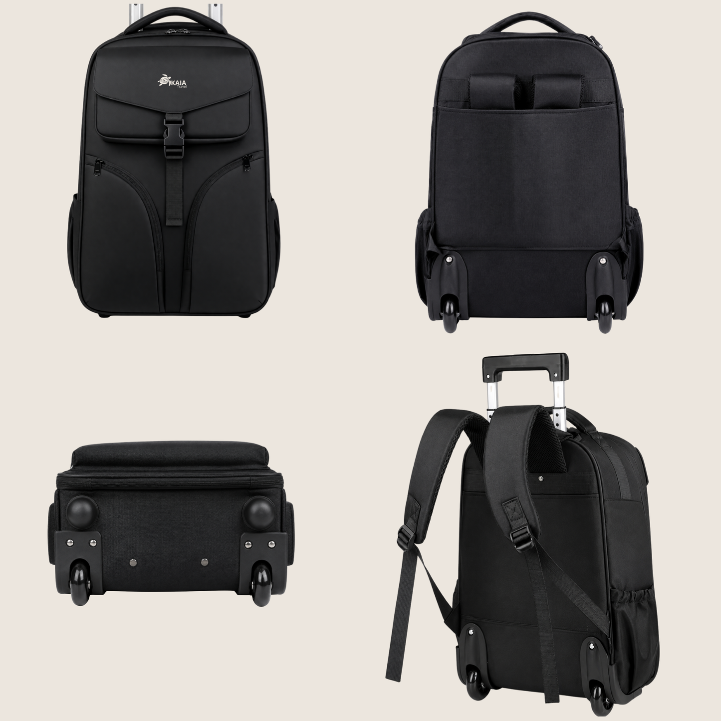 Vista frontal, trasera y lateral de la mochila AirLock Roll™ con ruedas y correas ocultables.