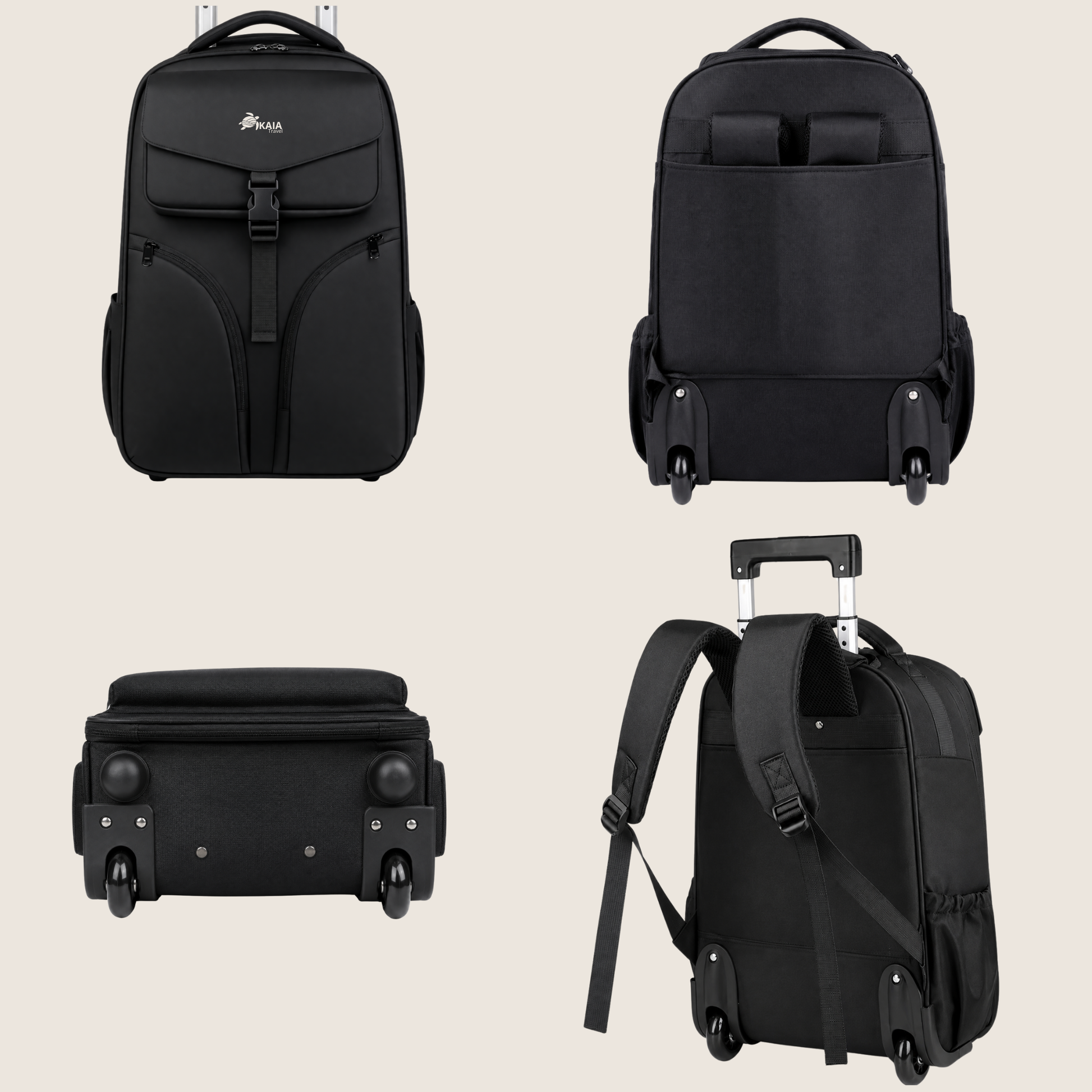 Vista frontal, trasera y lateral de la mochila AirLock Roll™ con ruedas y correas ocultables.