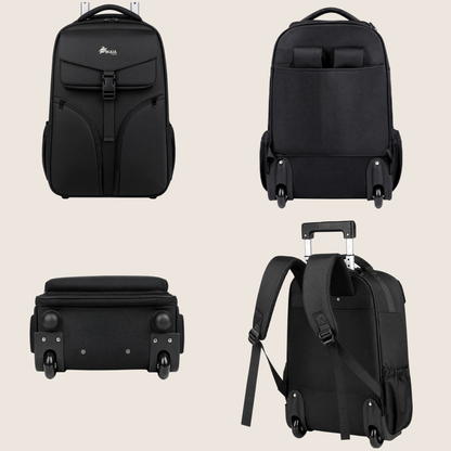 Vista frontal, trasera y lateral de la mochila AirLock Roll™ con ruedas y correas ocultables.