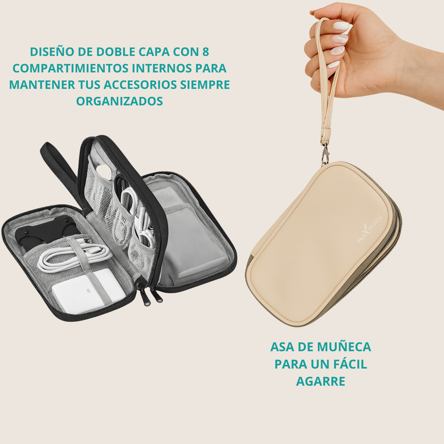 compartimientos y asa del estuche organizador tecnologico travelsky