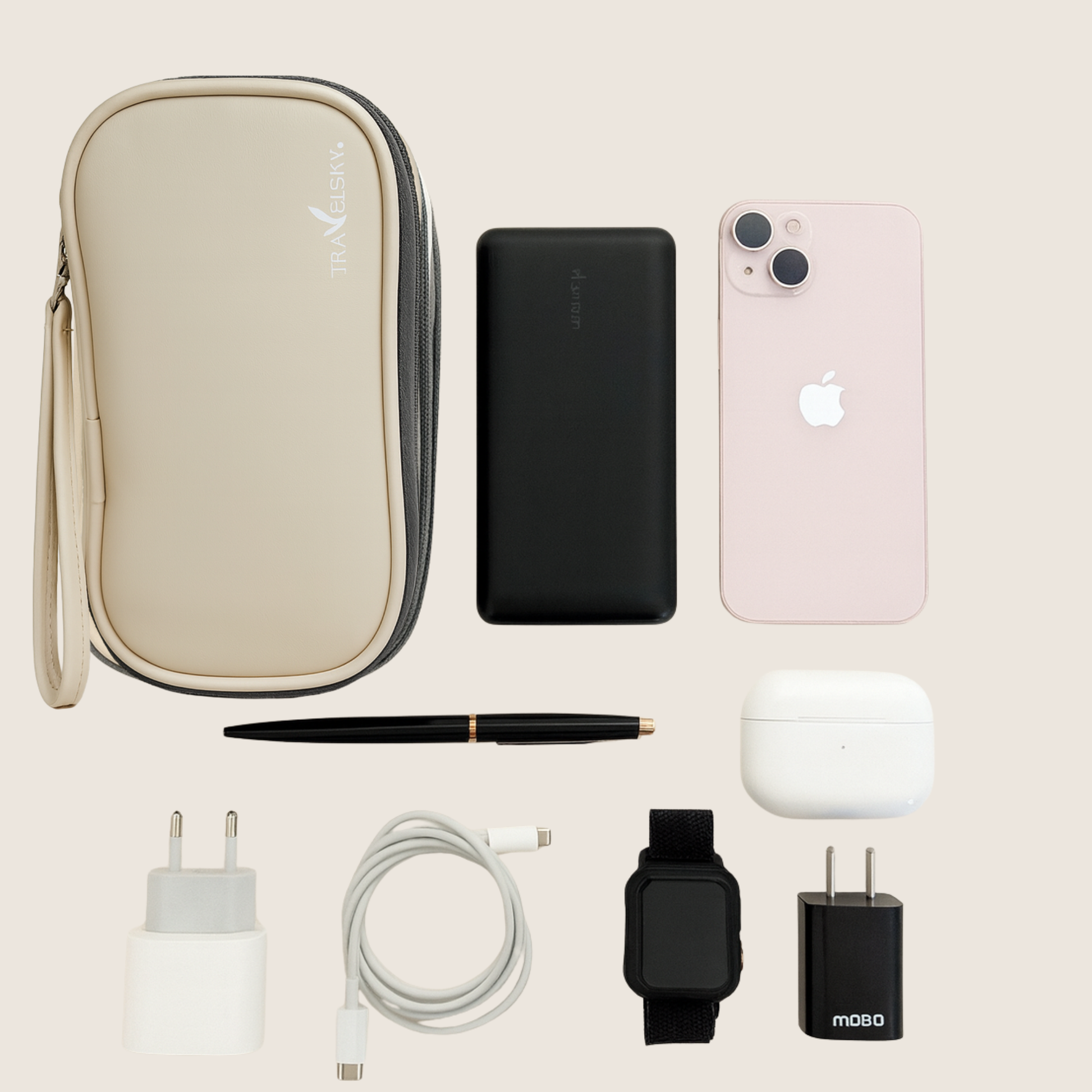 estuche organizador tecnologico travelsky con cables, cargadores y dsitintos accesorios