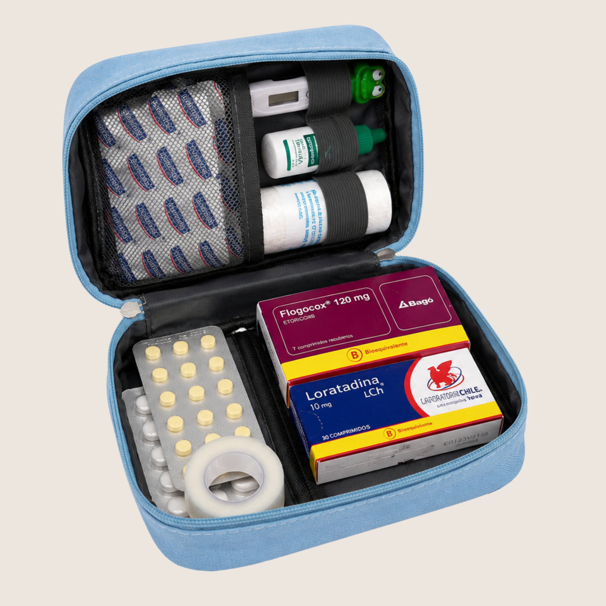 Botiquín organizador MedCase™ con múltiples compartimentos para mantener los medicamentos ordenados durante el viaje.