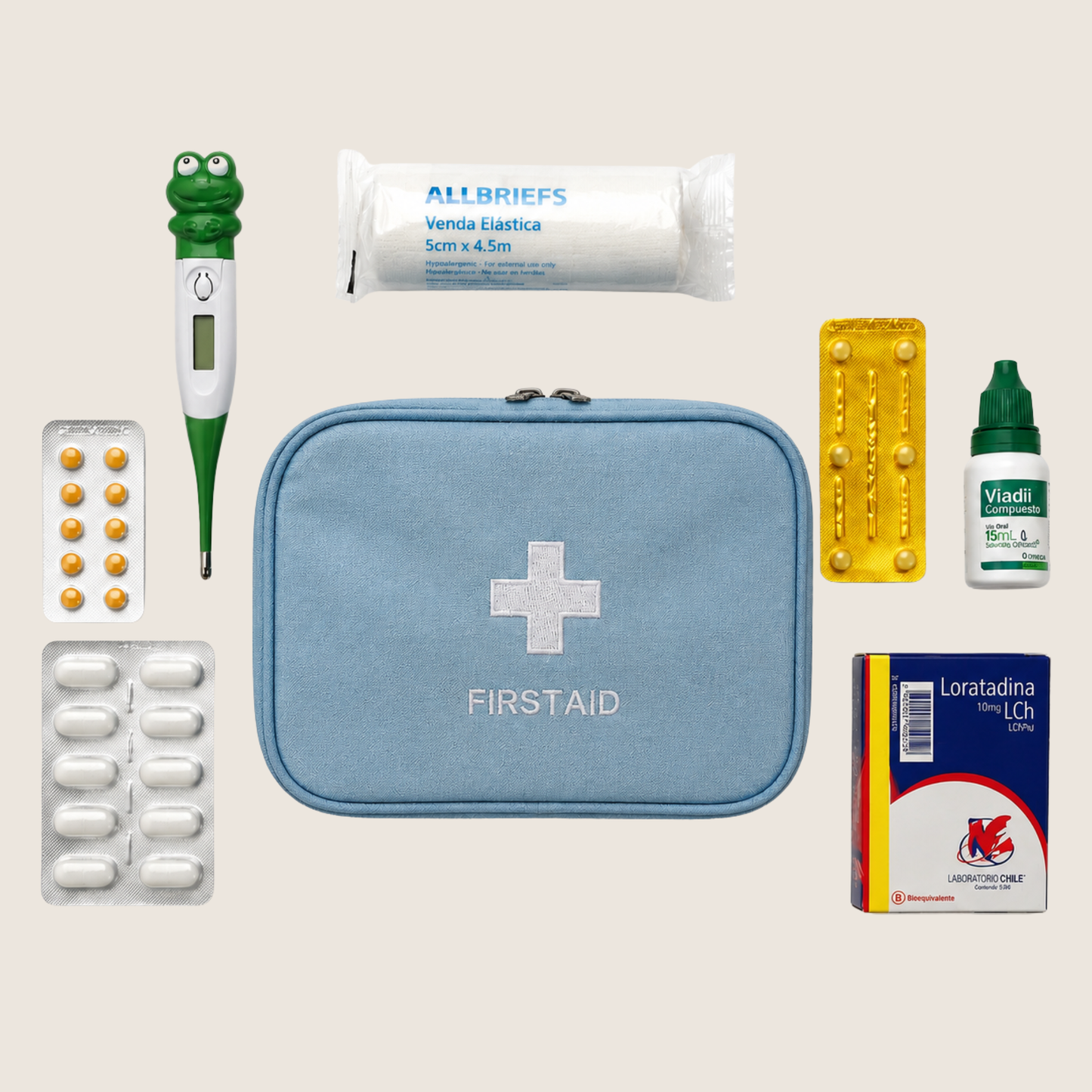 Capacidad interior del MedCase™ con medicamentos, vendas, gasas y artículos esenciales de primeros auxilios.