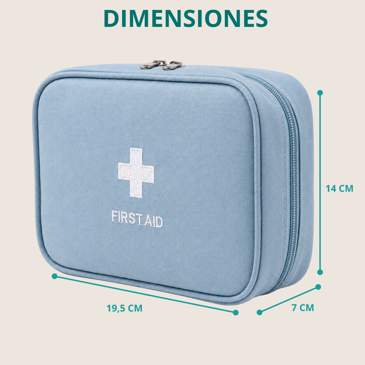 Dimensiones del botiquín organizador MedCase™ para viajes: 19,5 × 14 × 7 cm.