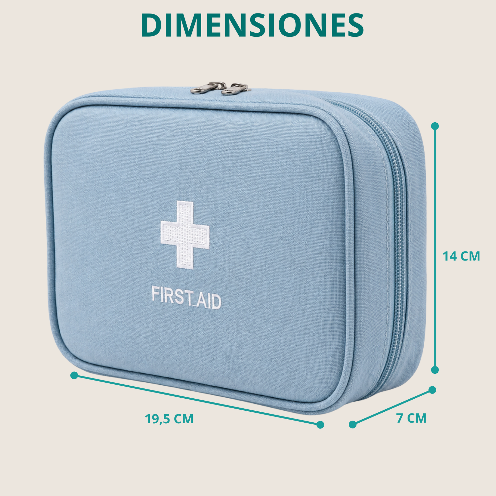 Dimensiones del botiquín organizador MedCase™ para viajes: 19,5 × 14 × 7 cm.