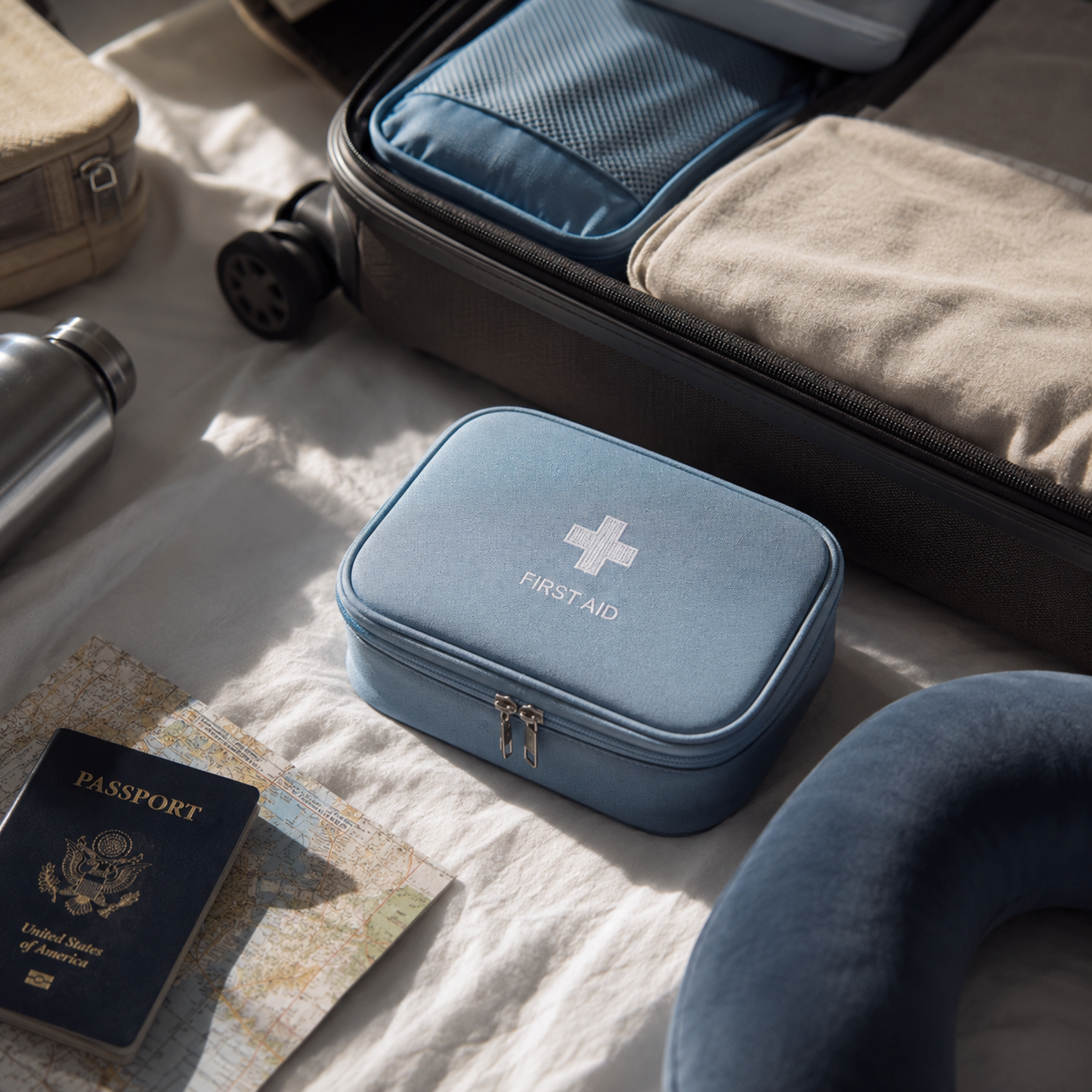 MedCase™ junto a una maleta durante la preparación del equipaje para mantener los medicamentos organizados en cada viaje.