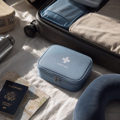 MedCase™ junto a una maleta durante la preparación del equipaje para mantener los medicamentos organizados en cada viaje.
