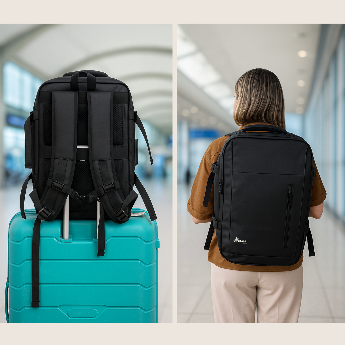 Imagen lifestyle mochila airlock en aeropuerto y sobre maleta