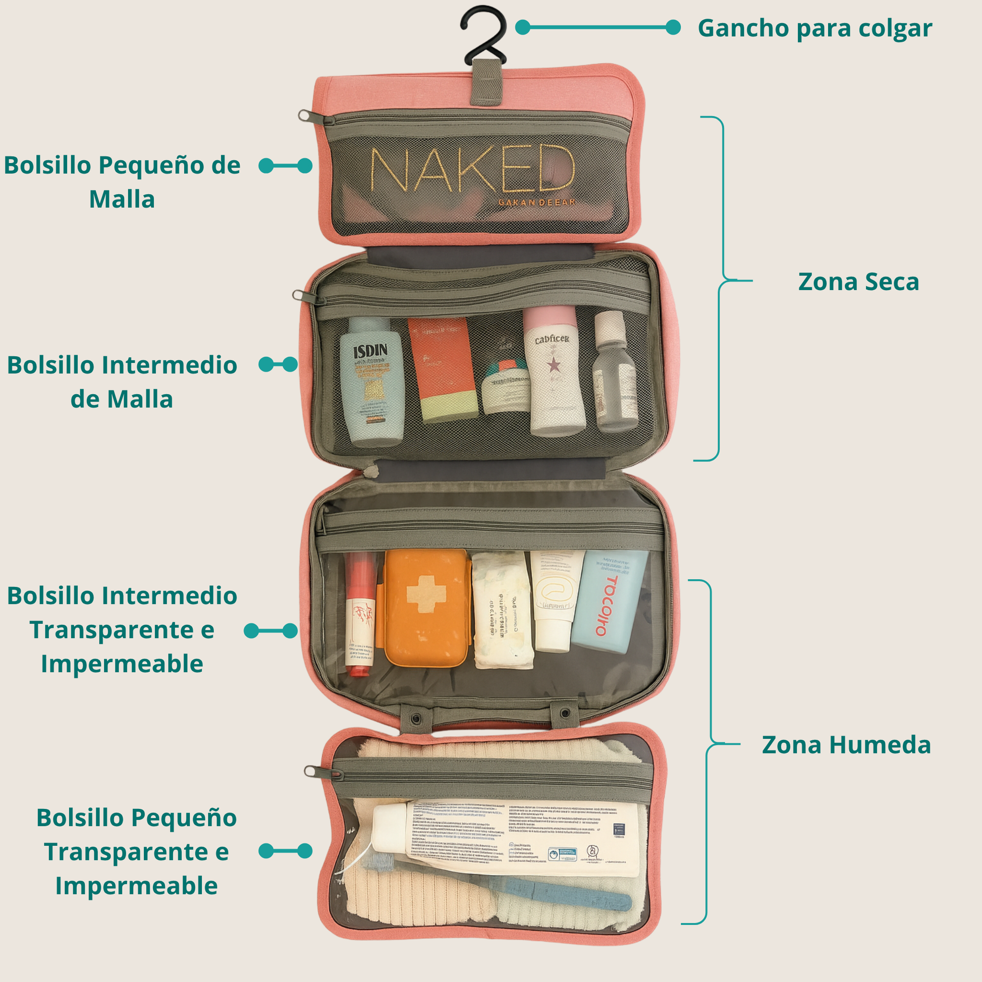 neceser colgante de viaje hangbang desplegado con cuatro compartimientos