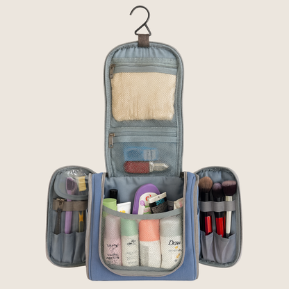neceser de maquillaje colgante vanitygo abierto con insumos organizados