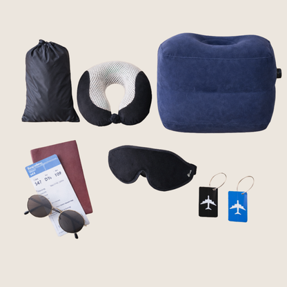 pack confort total de viaje kaia travel con almohada reposapies y antifaz