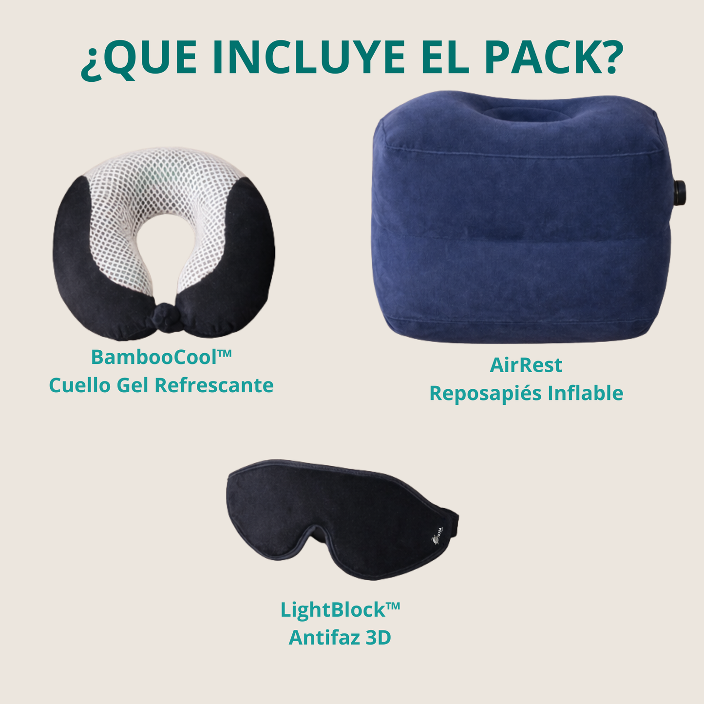 pack confort total de viaje kaia travel con accesorios de descanso