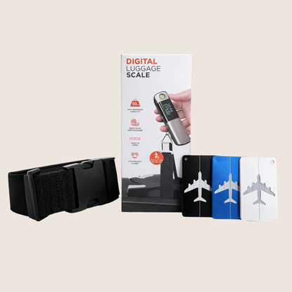 Pack control de equipaje KAIA Travel con bascula digital para maletas, etiqueta de equipaje y correa de seguridad para maleta.
