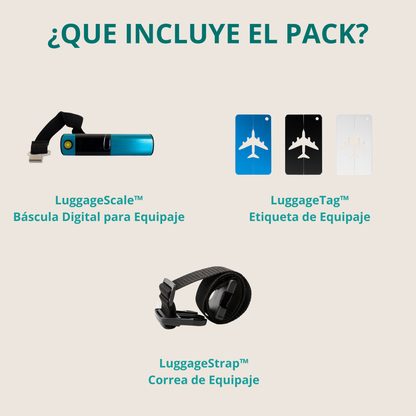 Contenido del pack control de equipaje KAIA Travel con bascula digital, etiqueta de equipaje de aluminio y correa de seguridad para maleta.