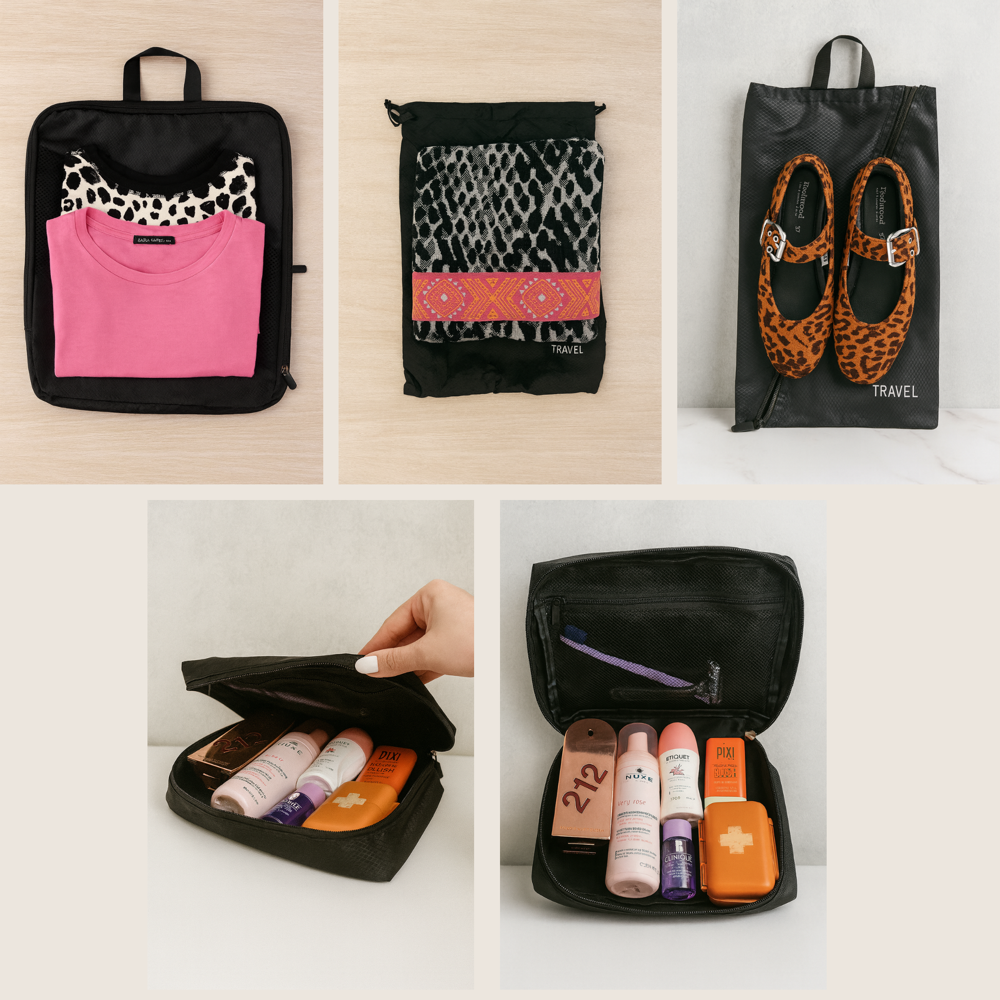 piezas del set organizador packpro con ropa y accesorios en su interior