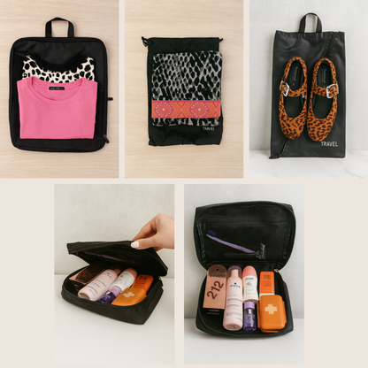 piezas del set organizador packpro con ropa y accesorios en su interior